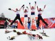Хейди Венг, Тереза Йохауг, Астрид Якобсен и Марит Бьорген из Норвегии празднуют победу в женском 4 х 5 км кросс-кантри реле во время Чемпионат мира по лыжным видам спорта 26 февраля 2015 г., в Фалунь, Швеция.